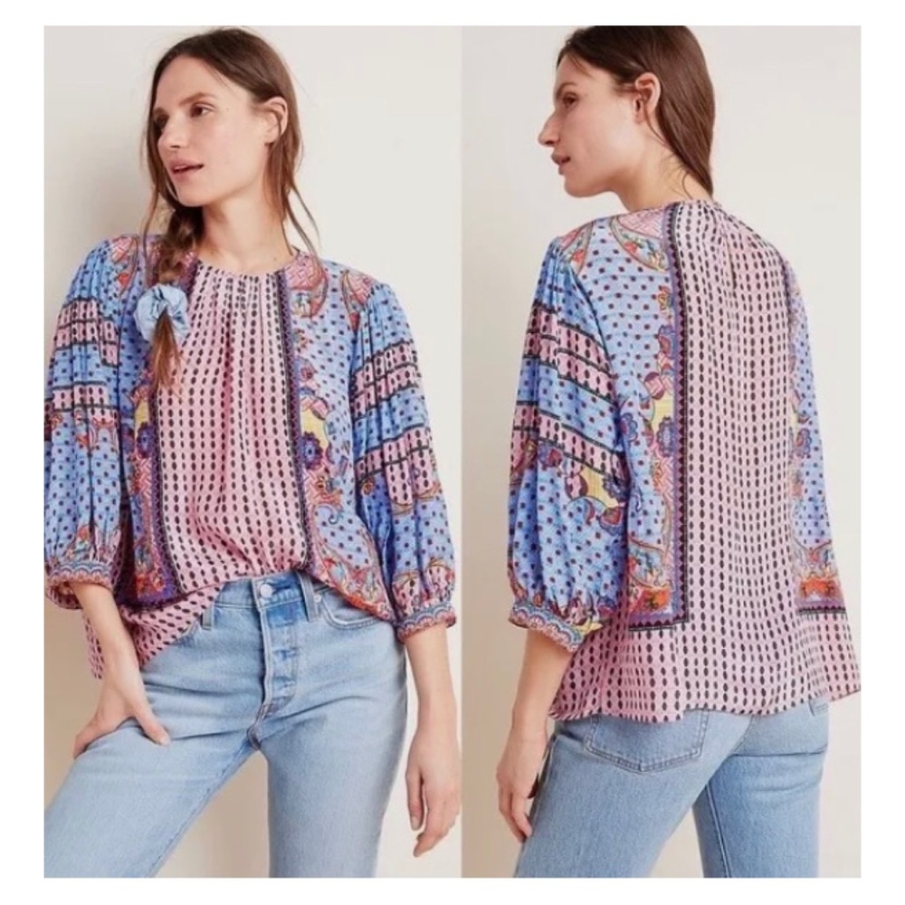 NWOT Anthropologie Bhanuni By Jyoti Embroidered and Beaded Peasant Top Size XS